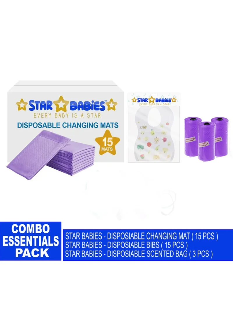 STAR BABiES Baby Essentials Pack - Changing Mat 15Pcs, Bibs 15Pcs, Scented Bag 3Pcs - Lavender